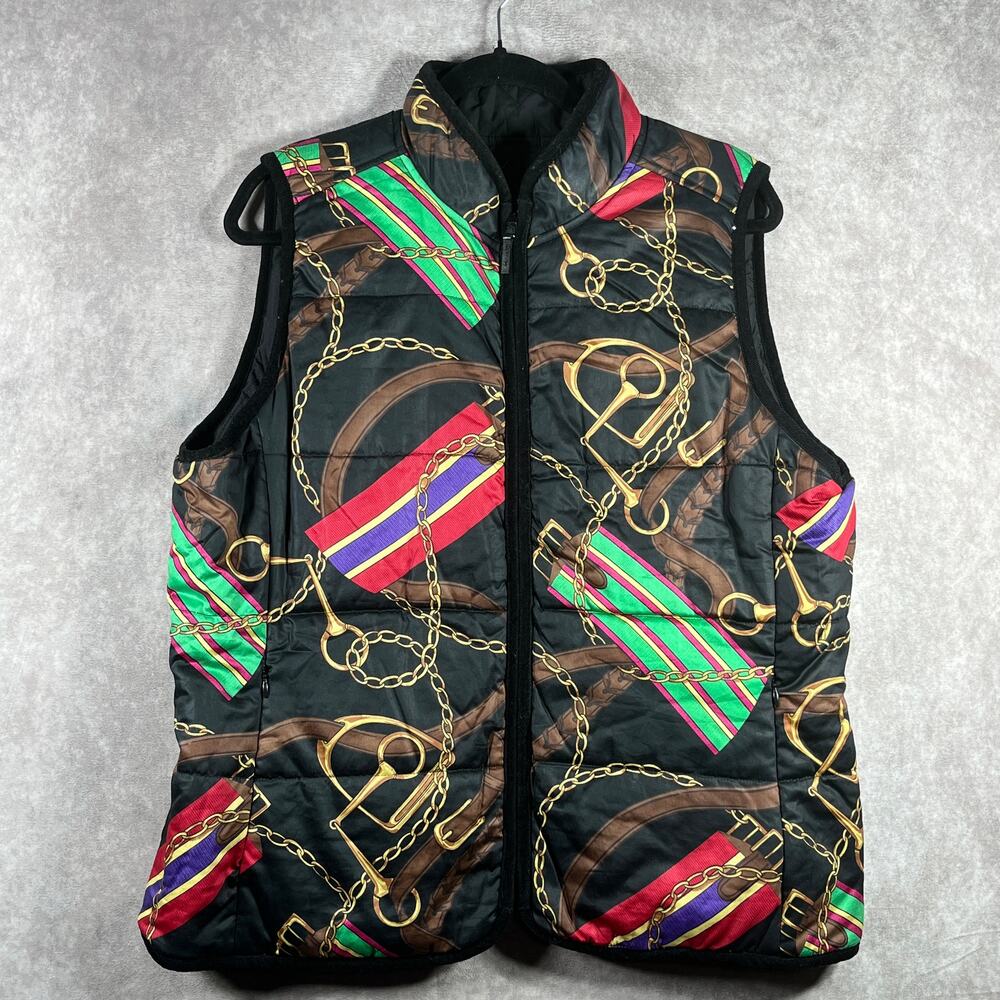 Lauren‎ Ralph Lauren Reversible Vest Womens XL Black Chain Print Logo Preppy